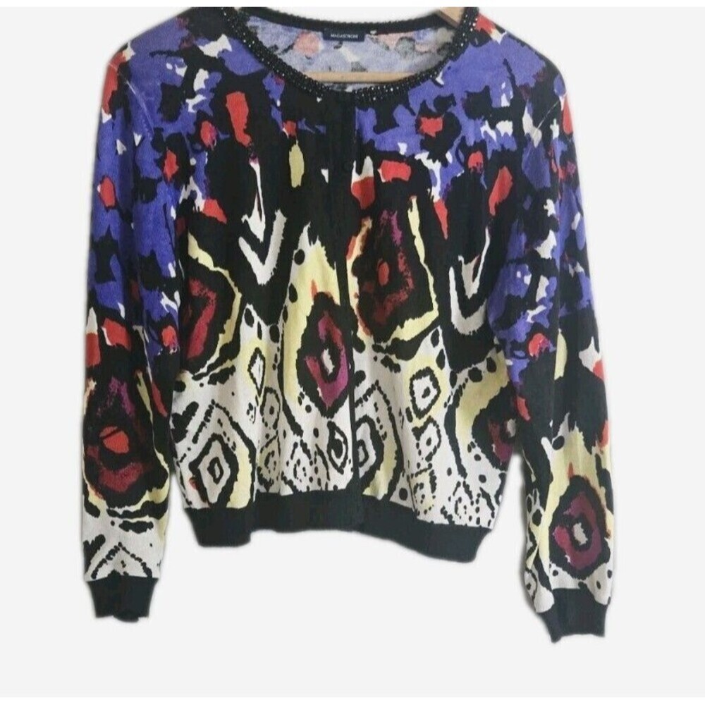 Magaschoni Silk Cashmere Floral Ikat Knit Cardigan  Beaded Neckline Womens Small